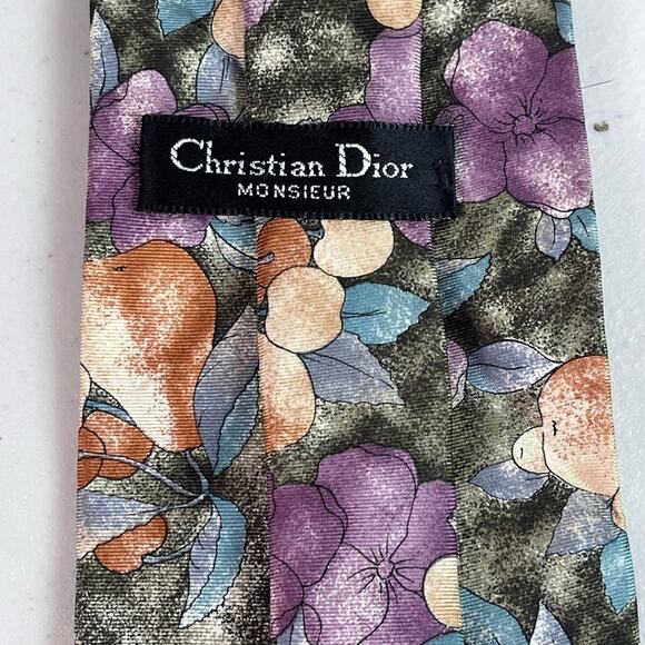 Christian Dior Monsieur 100% Silk Neck Tie Spring Flowers Fruit Green Purple - Picture 4 of 7
